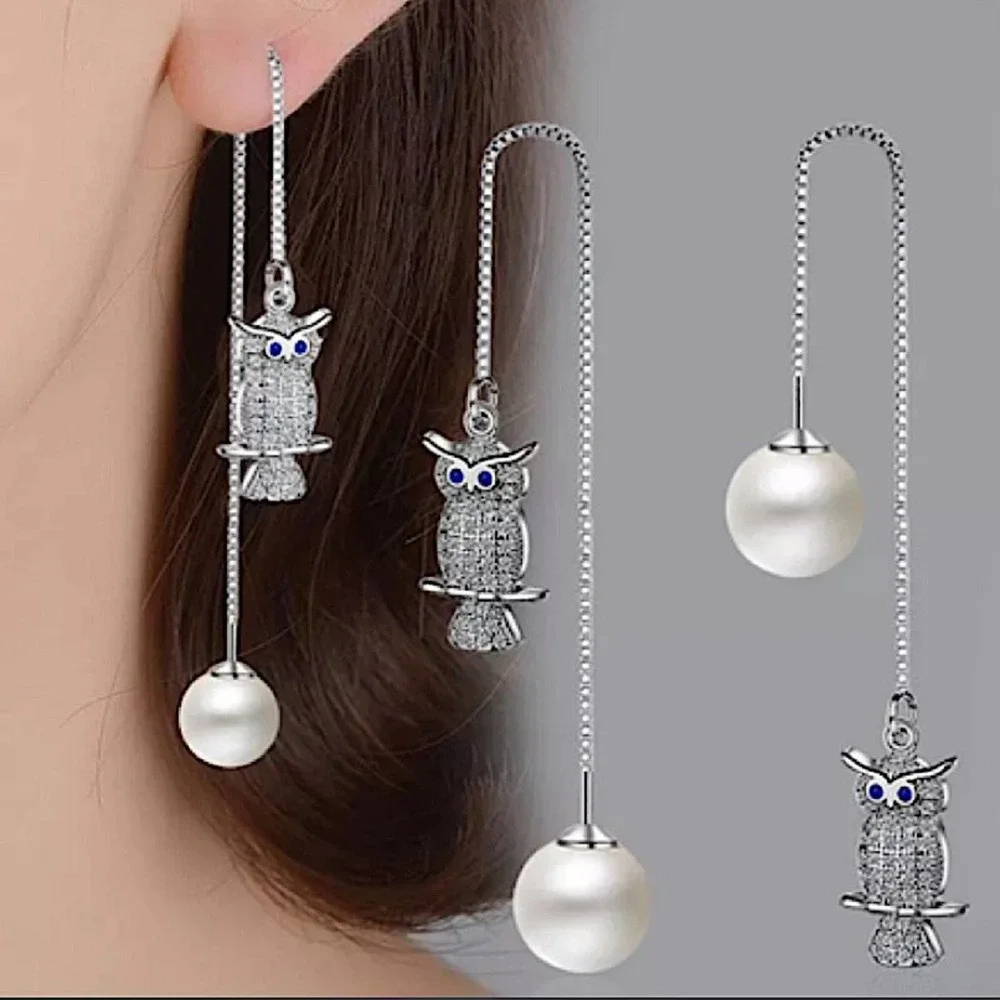 Sterling Silver Owl, Pearl Long Earrings
